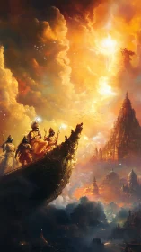 Epic divine voyage toward a radiant celestial citadel.