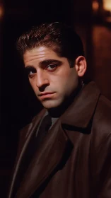 Male subject in low-key portrait with leather overcoat