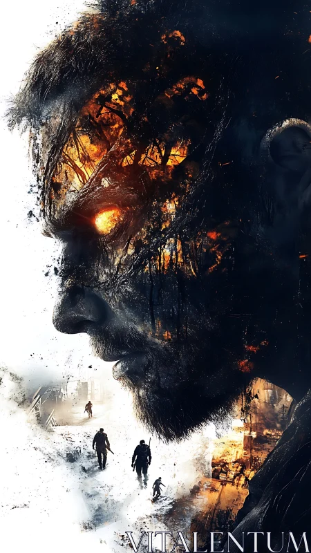 Ember-lit warrior face blending fire, forest, and memory.