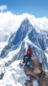Solitary mountaineer resting on jagged alpine summit ridge.