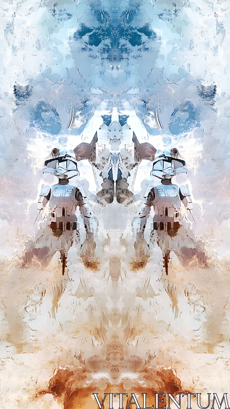 Mirrored desert troopers patrolling a watercolor sky portal.