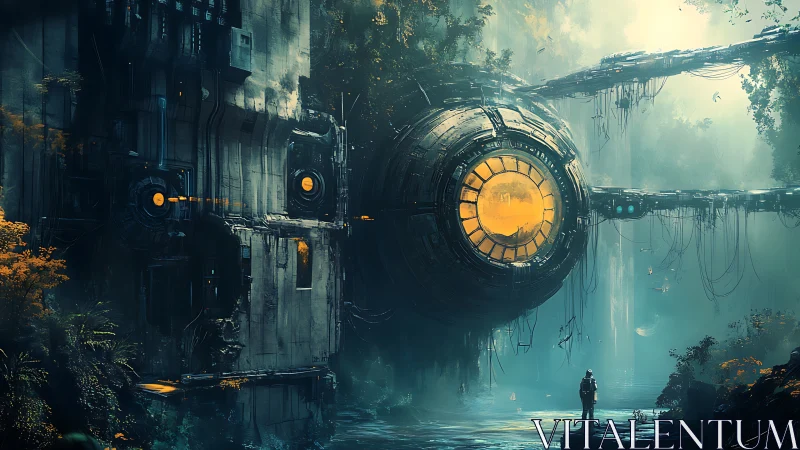 Spherical industrial structure spans river in dense mist forest