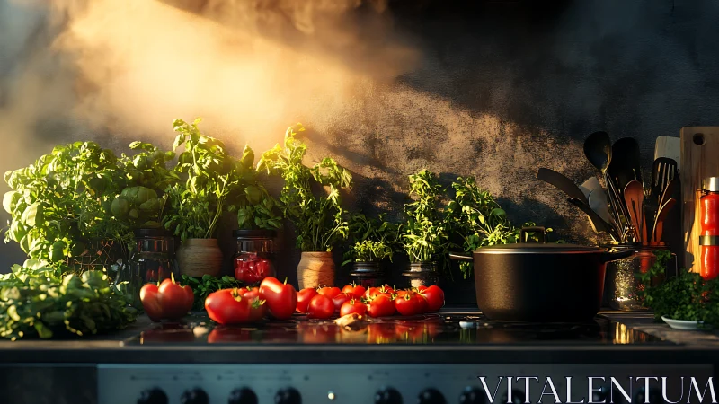 Sunlit kitchen herbs glow around ripe tomatoes and simmering pot