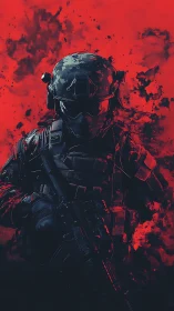 Armored tactical soldier in red smoke backdrop digital art.