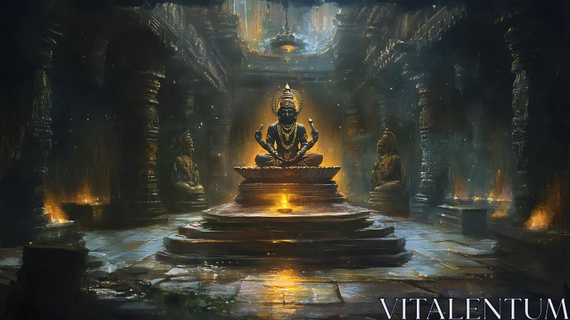 Golden deity statue in misty ancient temple interior at dusk.