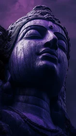 Low-angle view of large stone deity statue in purple light.