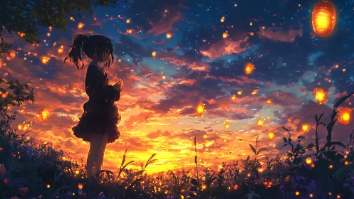 Lantern-lit sunset meadow with a quiet dreaming girl.