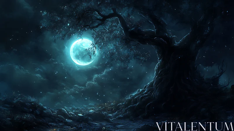 Moonlit ancient tree welcomes a quiet, magical night sky