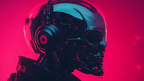 Neon chrome skull android listening through electric silence.