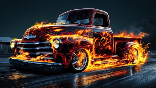 Classic Chevrolet pickup engulfed in stylized racing flames.