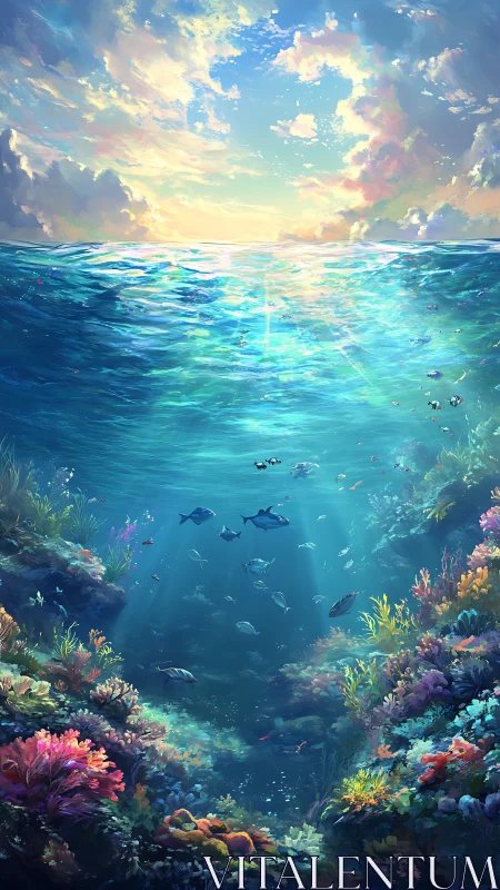 Vertically layered seascape depicts luminous reef and refracted light