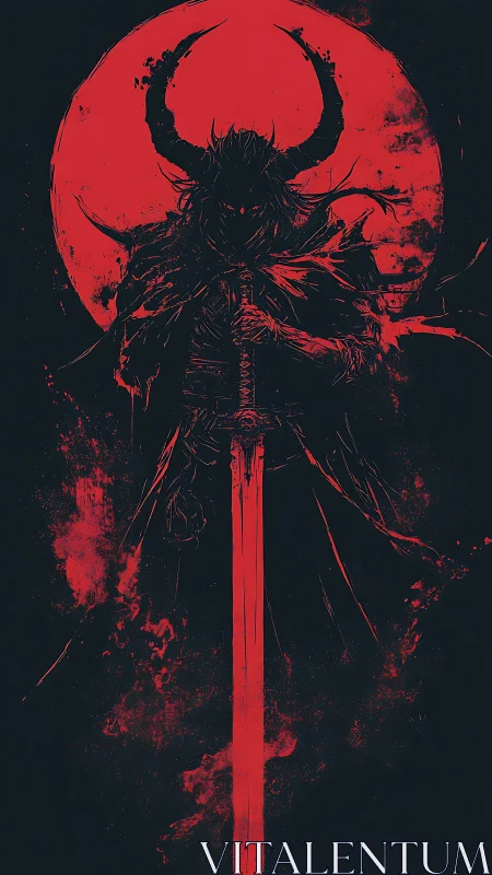 Horned warrior silhouette stands before circular red backdrop