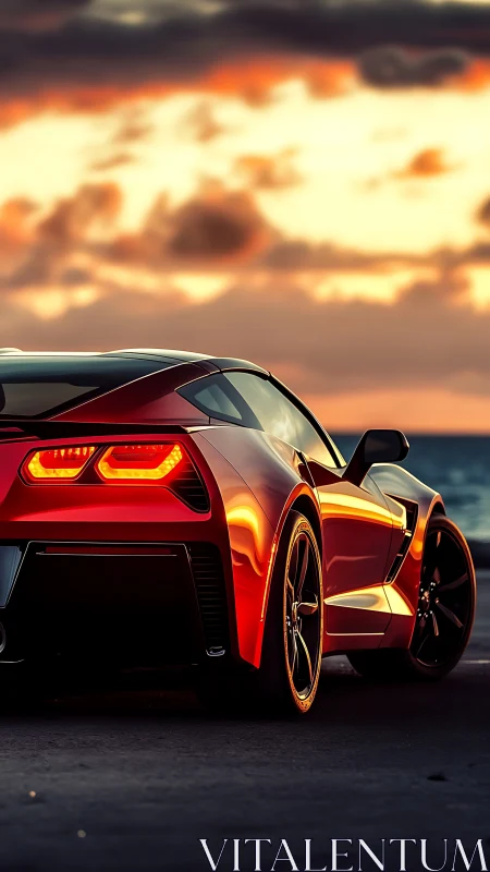 Aerodynamic red sports coupe at coastal sunset vantage point.