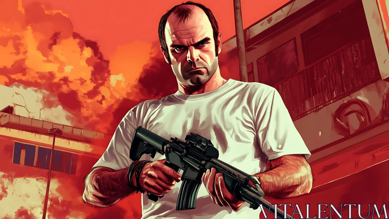 Male figure holds rifle against stylized urban backdrop