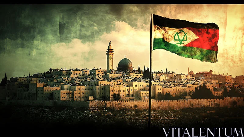 Dramatic historic skyline with stylized national flag.