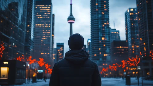 Solitary figure contemplates a winter city skyline at dusk.