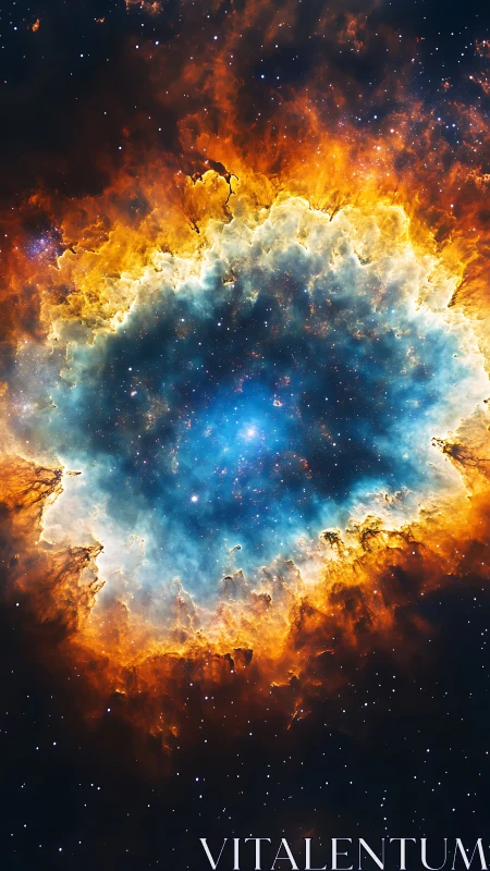 Stellar nebula ring forms luminous blue core within fiery halo
