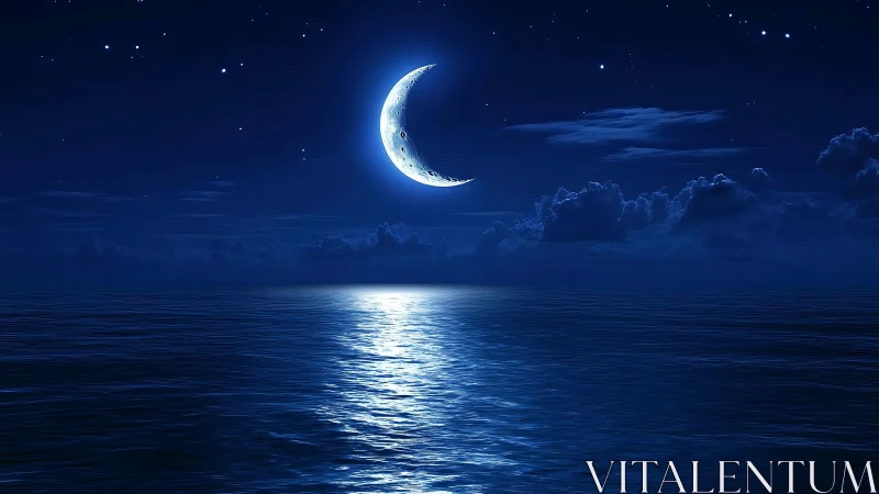 Crescent moon over calm ocean under deep blue night sky.
