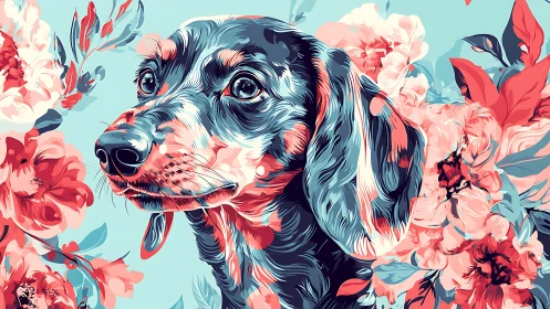 Digital painting dachshund portrait in floral field palette.
