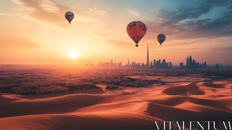 Sunlit hot air balloons drifting above a glowing desert city.