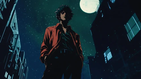 Lone anime drifter under moonlit urban night sky.