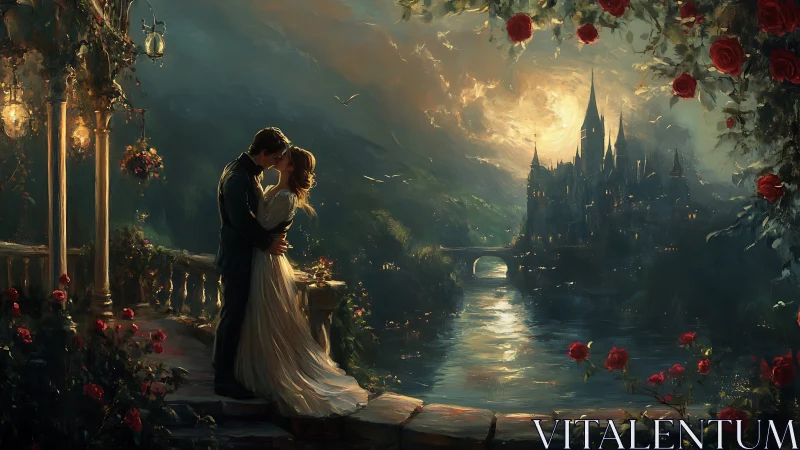 Romantic figures overlooking fantasy castle landscape.