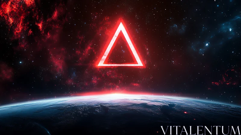 Luminous red triangular portal suspended above planetary horizon.