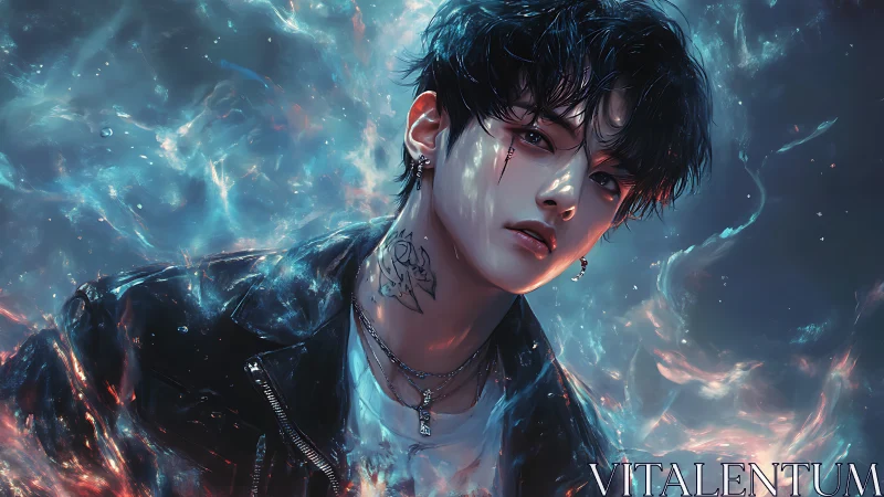 Neon-lit rebel portrait within swirling cosmic auroras.