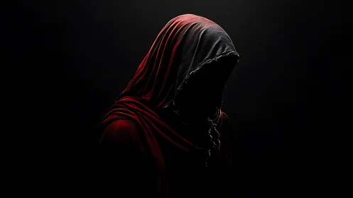Hooded faceless figure in deep shadow against dark background.