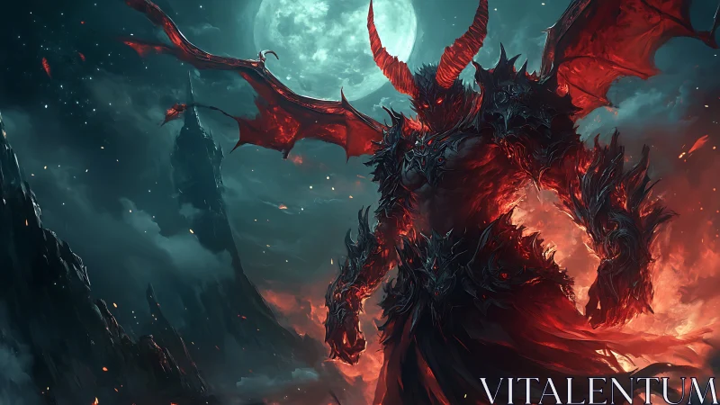 Armored demonic overlord under full moon in flames.