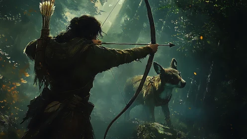 Forest archer at full draw confronting wary fox companion.