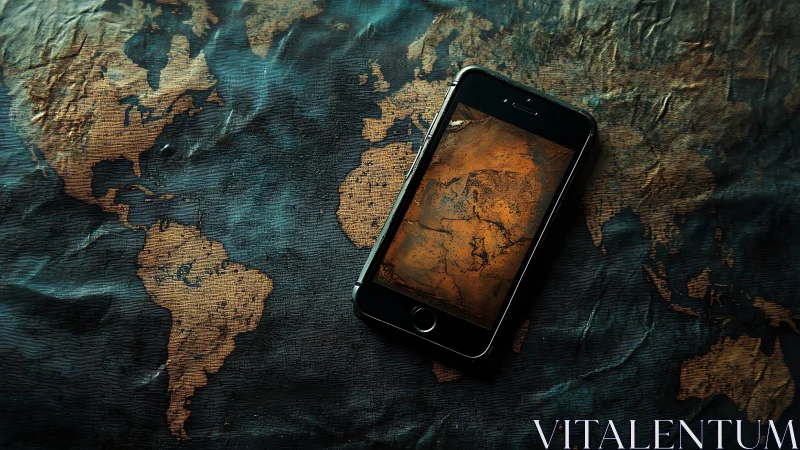 Smartphone on vintage world map with textured cartography overlay