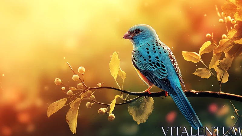 Vibrant blue songbird on autumn branch, dreamy digital art scene.