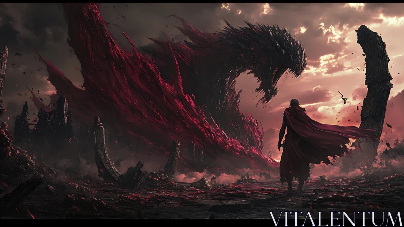 Lone warrior confronts colossal red beast in a dying world