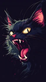 Snarling black cat portrait with open mouth and fangs.