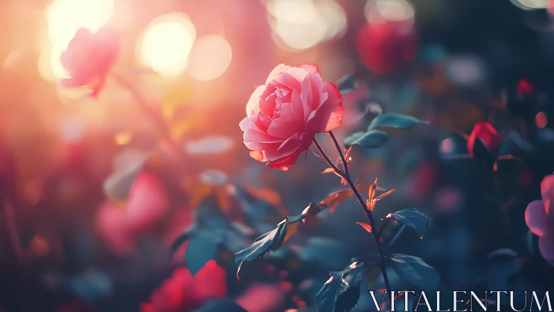 Pink Rose Glowing in Golden Sunset Light and Bokeh