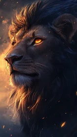 Digital painting profile of a lion with fiery rim lighting.