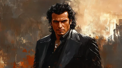 Moody male portrait rendered in high-contrast digital brushwork