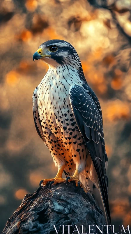Falcon perched on rock with defocused autumn backdrop.