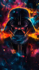 Galactic dark helmet portrait in neon cosmic nebula glow.