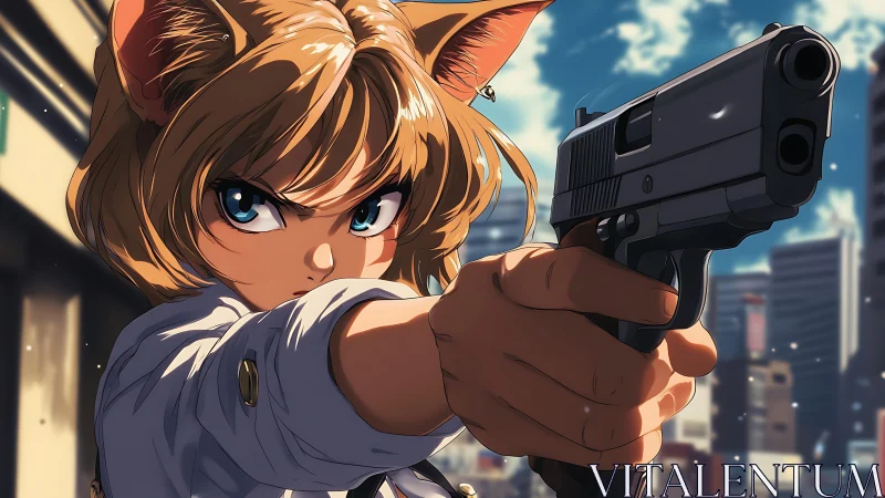 Cat eared anime heroine holds a pistol with fierce resolve