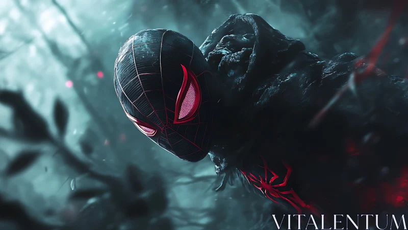 Masked spider-hero in dark forest with red glowing eyes.