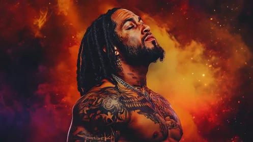 Tattooed man with dreadlocks before vivid nebula backdrop.