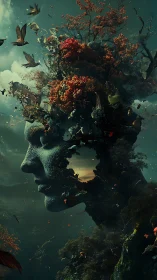 Mythic forest goddess bust dissolving into avian cosmos