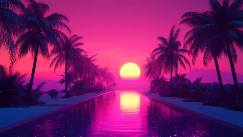 Neon tropic sunset river glows under candy-colored skies.