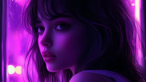 Neon lit digital portrait of woman in purple light.