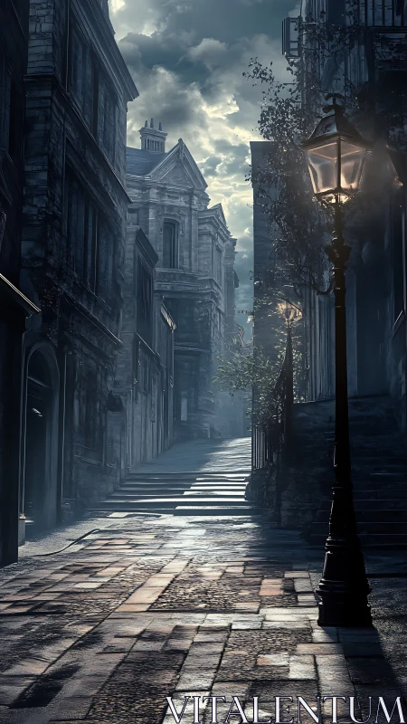 Foggy cobblestone alleyway rises between old stone buildings