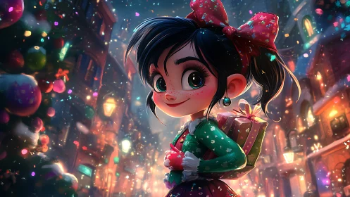 Festive girl with gift box walks through snowy city street.