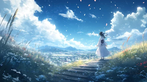 Girl on hillside path overlooking bright valley landscape.