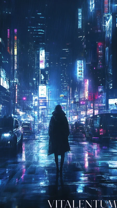 Solitary night walk through neon-drenched city rain.